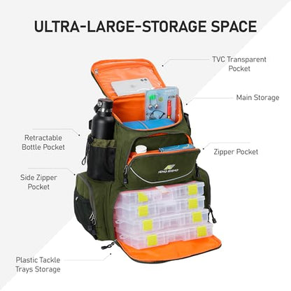 N NEVO RHINO Fishing Tackle Backpack with Rod Holders, 40L Large Fishing Bag with Waterproof Rain Cover,Outdoor Tackle Bag - color: Army Green Pack with 4 Trays, size: Pack with 4 Trays