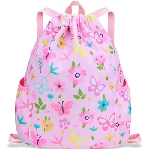 RHCPFOVR Drawstring Backpack for Kids - Butterfly Bags for Girls Mini Gym Dance Beach Swim Travel Bag With Two Water Bottle Holder - color: Rainbow Unicorn 2
