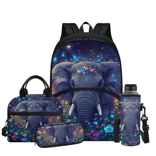 Aesthetic Elephant Backpack for Girls Kids Backpack with Lunch Box Water Bottle Carrier and Pencil Holder Pouch 4Pcs Set 17" Bookbag with Large Front Pocket Lightweight Elementary School Bag - color: Aesthetic Elephant