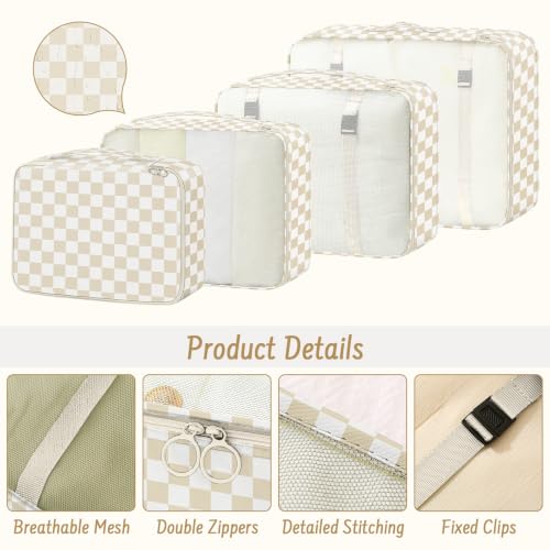 9 Set Packing Cubes for Travel Essentials - Lightweight Carry-On Luggage Organizer Bags with Shoe, Clothes & Laundry Bags for Airplane, Family & Business Travel, Beige checkered - color: Beige checkered
