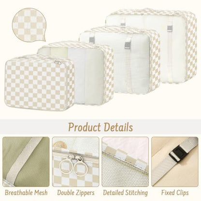 9 Set Packing Cubes for Travel Essentials - Lightweight Carry-On Luggage Organizer Bags with Shoe, Clothes & Laundry Bags for Airplane, Family & Business Travel, Beige checkered - color: Beige checkered
