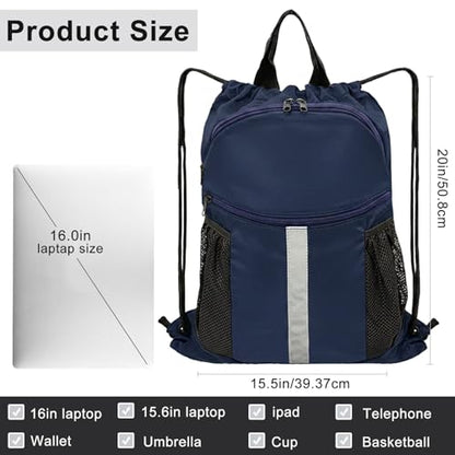 Drawstring Backpack with Shoes Bag Waterproof String Beach Bag for Sports Gym Swim（Navy） - color: Navy