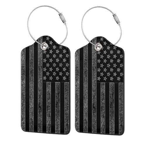 2 Pack Luggage Tags for Suitcases, PU Leather Bag Tag with Privacy Cover Address Card Travel Essentials-Black Grey American Flag - color: Black Grey American Flag