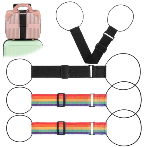 4 Pack Adjustable Luggage Straps Suitcase Belt for Add a Bag, Lightweight Easy Elastic Wrap Belts for Attaching Extra Bags, Luggage Straps Bag Bungee, Travel Accessories(Black/Rainbow)
