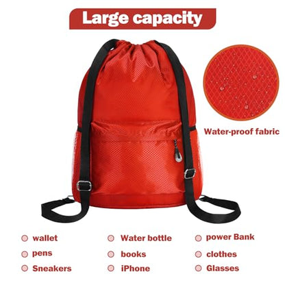 Waterproof Drawstring Bag, Lightweight String Backpack with Water Bottle Holder and Pockets, Gym Sports Cinch Sackpack (Red) - color: Red