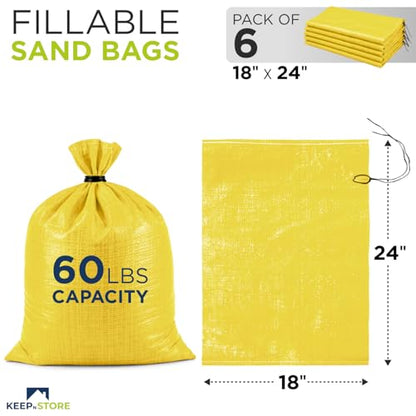 Heavy Duty Sand Bags Pack of 6, Bright Yellow Empty Sandbags with Built-In Ties, Woven Polypropylene UV Protection 1600 Hours, Fillable Bags for Flood Control, Weight, 18x24 inches, 60 Pounds Volume - size: 18"W x 24"L, style: Pack of 6