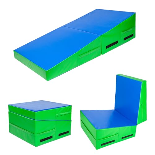 Matladin Incline Gymnastics Wedge Mat, Folding Gymnastics Mat for Kids Girls Home Training Exercise - color: Blue+Green, size: 47.5 in x 24 in