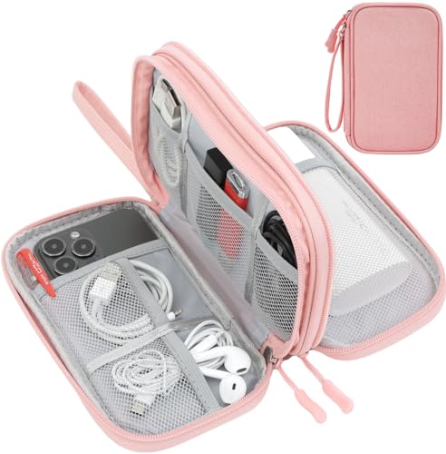 CAAORDKSO Electronic Cable Organizer Bag, Travel Electronic Accessories Carry Case Portable Waterproof Double Layers Storage Bag for Cable, Cord, Charger, Power Bank, Earphone (Light Pink, Medium) - color: Light Pink, size: Medium