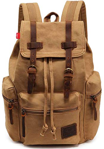 HuaChen Vintage Canvas Travel Backpack with Leather Trim, Laptop Padded Sleeve, Hidden Back Security Pocket, Fits 15-Inch, M32 Khaki Large - color: Khaki, size: Large