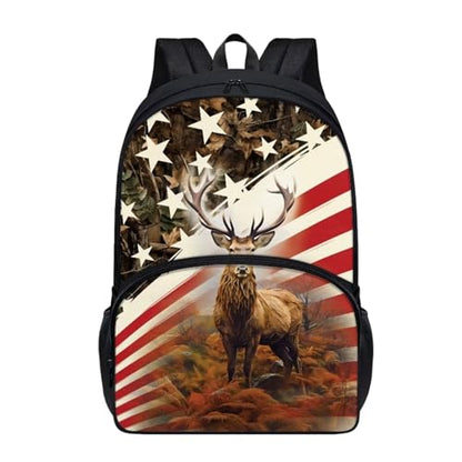 Talayituse Deer American Flag Print Kids School Backpack with Laptop Compartment Casual Travel Daypack Rucksack for Girls Boys, Lightweight 17 Inch Schoolbag Knapsack Shoulder Bag for Outdoors Travel - color: Deer American Flag