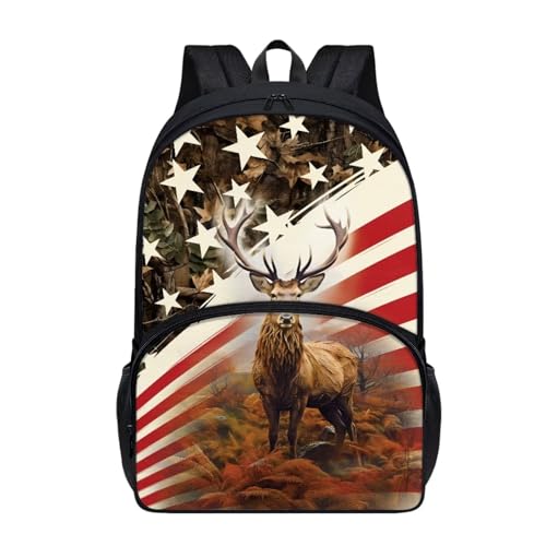 Talayituse Deer American Flag Print Kids School Backpack with Laptop Compartment Casual Travel Daypack Rucksack for Girls Boys, Lightweight 17 Inch Schoolbag Knapsack Shoulder Bag for Outdoors Travel - color: Deer American Flag