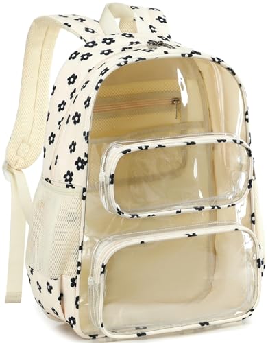 CAMTOP Clear Backpack Heavy Duty Transparent Bag See Through BookBag for Student School Work Festival Sport Travel (Beige Balck Flower) - color: Beige Balck Flower, size: Medium-17‘’