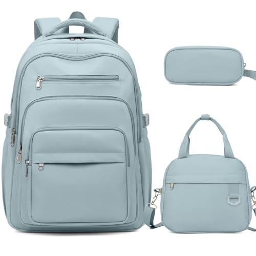 DIGOBAY Backpack for School Girls Boys, College Backpack with Lunch Bag Pencil Case for Teens Kids Elementary Middle High School, Casual Multi-Pocket Travel Daypack with USB Port for Women Men - color: Gray-blue