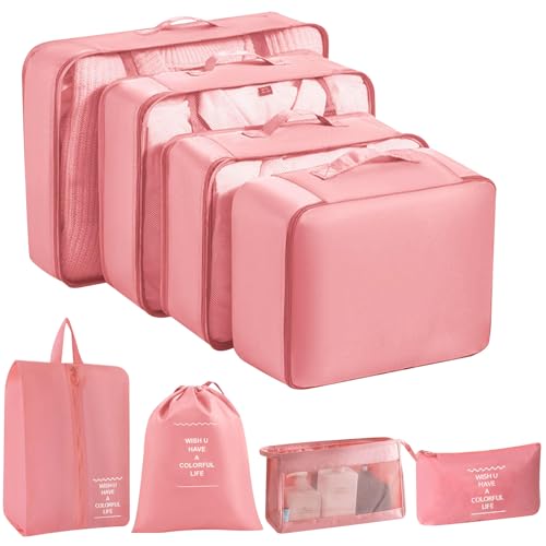 8 Set Packing Cubes for Suitcases, INVODA Travel Luggage Packing Organizers with Laundry Bag, Compression Storage Shoe Bag, Clothing Underwear Bag (Pink) - color: Pink