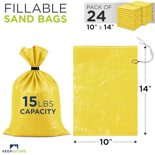 Heavy Duty Sand Bags Pack of 24, Bright Yellow Empty Sandbags with Built-In Ties, Woven Polypropylene UV Protection 1600 Hours, Fillable Bags for Flood Control, Weight, 10x14 inches, 15 Pounds Volume - size: 10"W x 14"L, style: Pack of 24