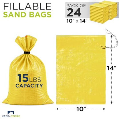 Heavy Duty Sand Bags Pack of 24, Bright Yellow Empty Sandbags with Built-In Ties, Woven Polypropylene UV Protection 1600 Hours, Fillable Bags for Flood Control, Weight, 10x14 inches, 15 Pounds Volume - size: 10"W x 14"L, style: Pack of 24