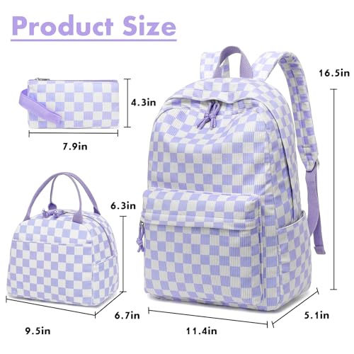 Bluboon School Backpack Set Girls Womens Laptop Bookbag Casual Daypack Fits 15 inch Laptop with Lunch Tote Bag and Pencil Bag - color: Purple and White Checkered