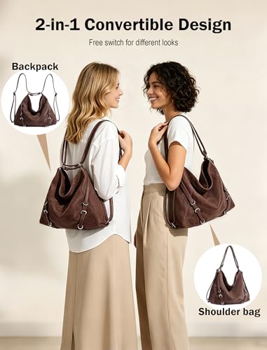 3-Way Convertible Hobo Bag for Women, Soft Shoulder Backpack, Casual Daily Tote Purse with Adjustable Strap - color: Coffee