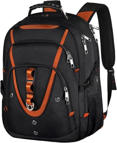 18.4 Laptop Backpack Women Men, 55L-60L Flight Approved Extra Large Travel Backpack RFID Anti Theft and TSA Friendly Backpack, Water Resistant College School Heavy Duty, Orange - color: Black-orange, size: 18inch(21.5*16.3*9.9")