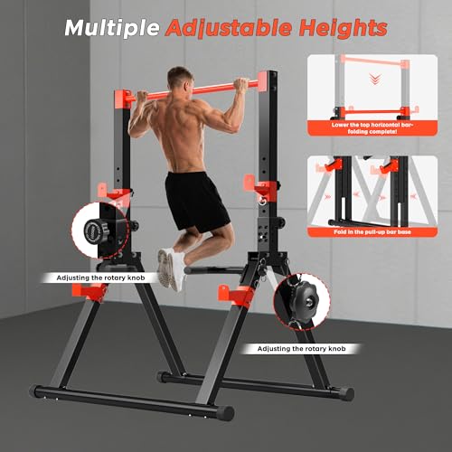 DlandHome Foldable Power Tower Pull Up Bar Dip Station, Adjustable Height Multifunction Workout Pull Up Tower Station for Home Gym, Strength Training Equipment, Triangular Legs, Up to 330lbs - color: Red