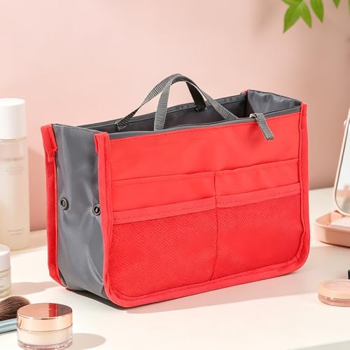 1 Piece Purse Organizer Insert, Foldable Bag in Bag Organizer, Multi-Pocket Tote Organizer, with Handheld Design, for Digital Accessories, Cosmetics (Red) - color: Red
