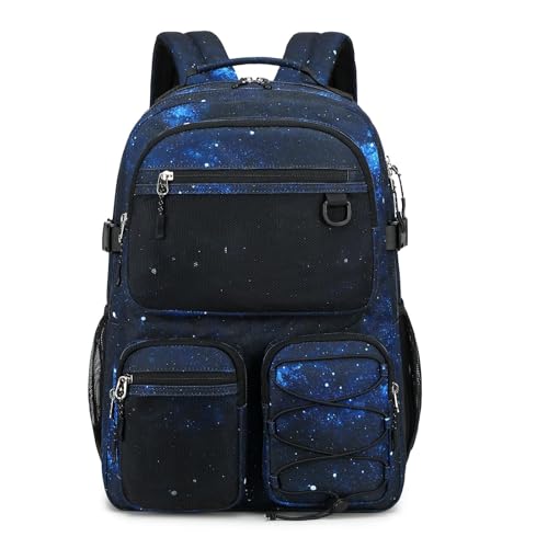 Lohol Multi-Pocket Backpack for Travel College, Heavy Duty Big Bookbag with 15.6 inch Laptop Compartment (Black Blue Galaxy - color: Black Blue Galaxy