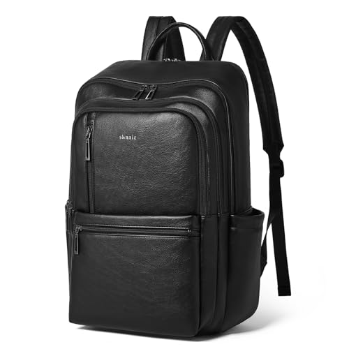Shrrie Leather Laptop Backpack for Women, 17 inch Large Travel Laptop Backpack Purse for Casual Daypack College Work Bag - color: Black