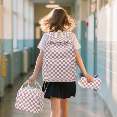 Bluboon School Backpack Set Girls Womens Laptop Bookbag Casual Daypack Fits 15 inch Laptop with Lunch Tote Bag and Pencil Bag - color: Grapes Purple White Checkered