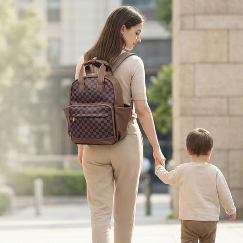 miss fong Small Diaper Bag - Baby Diaper Bag Backpack Checkered Diaper Bag with Changing Pad Baby Backpack for Travel Daycare Mommy Diaper Backpack Pañaleras Para Bebe for Mom & Dad -Coffee - color: Coffee