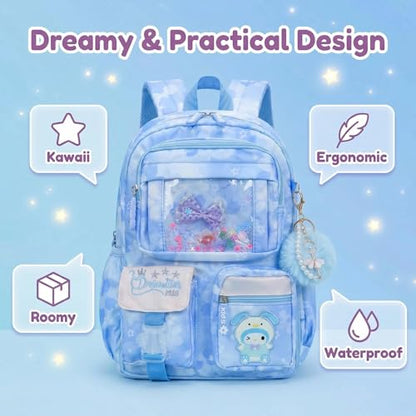 Lovely Kawaii Kids School Backpack For Girls – Splash-Proof Book Bag for Kids & Students, Multi-Pocket Children's School Bag, 17 Inch Blue Backpack - color: Blue
