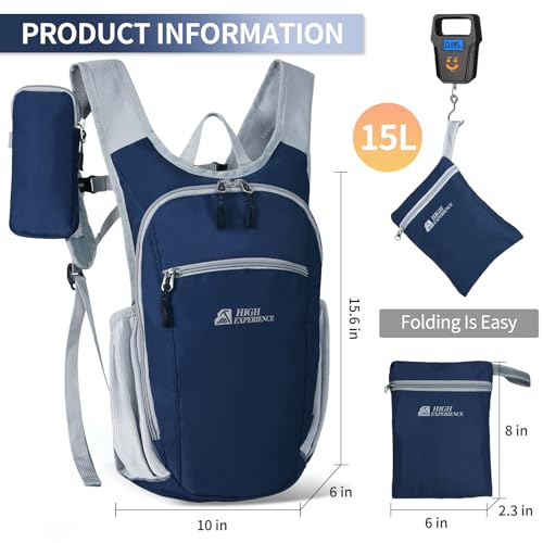 Hiking Backpack 10L/15L Small Daypack Lightweight Packable Travel Foldable Water Resistan for Women Men (Navy Blue, 15L) - color: Navy Blue, size: 15L