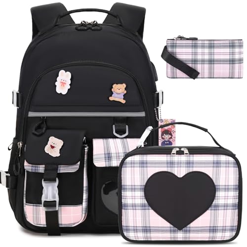 ACESAK Backpack for Girls - Bookbag Backpacks Schoolbag for Girls Kids Teen Women Casual Travel Daypacks - School Bag Elementary Middle School College Cute Backpack with Lunch Box (Black) - color: Black