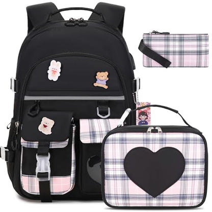 ACESAK Backpack for Girls - Bookbag Backpacks Schoolbag for Girls Kids Teen Women Casual Travel Daypacks - School Bag Elementary Middle School College Cute Backpack with Lunch Box (Black) - color: Black