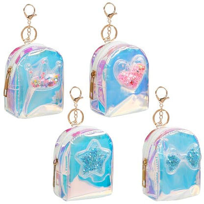 AIBFRID 4Pcs Mini Backpack Keychain,Cute Cosmetic Bag for Women,TPU Clear Makeup Bag Key Pocket Lipstick Bag Card Holder Data Cable Organizer Zipper Pouch (Heart Crown Bow Star) - color: Multicolor B