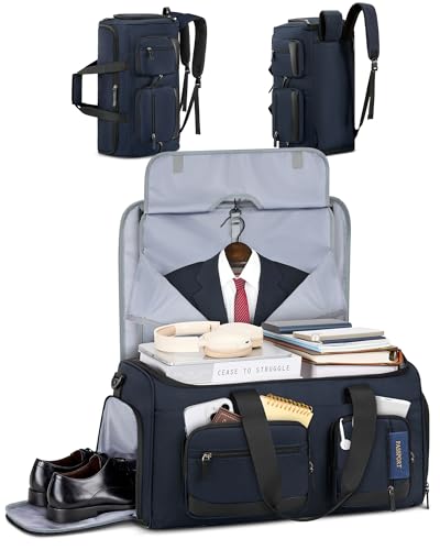 RAINSMORE 3 in 1 Garment Bags for Travel, 45L Convertible Garment Duffle bag for Hanging Clothes, Suit Travel Bag for Business Trips with Shoulder Strap, Carry On Suit Luggage for Men Women,Blue - color: Blue