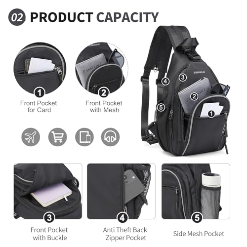 Crossbody Sling Bag with Water Bottle Holder, 8.3" Convertible Small Backpack Anti Theft Daypack, Chest Fanny Pack for Men Women, Black - color: Black
