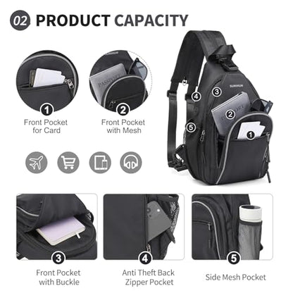 Crossbody Sling Bag with Water Bottle Holder, 8.3" Convertible Small Backpack Anti Theft Daypack, Chest Fanny Pack for Men Women, Black - color: Black