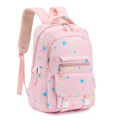 RRTGNEI Kids High Middle School Backpack for Girls 5-12 Kawaii Travel Star Bookbag,Pink Star - color: Pink Star