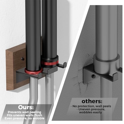 Barbell Wall Mount, Olympic Barbell Holder for Garage Gym, Vertical Bar Rack with Wooden Spacer Pad - Black Powder Coated Iron & Rubber Wood Base, Anti-Scratch Wall Protection & Extra Stability on Uneven Walls - Space Saving Home Gym Accessory, Barbell St