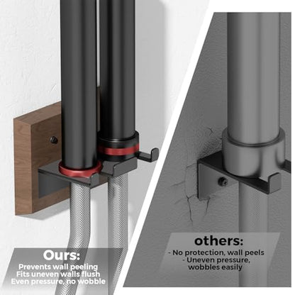 Barbell Wall Mount, Olympic Barbell Holder for Garage Gym, Vertical Bar Rack with Wooden Spacer Pad - Black Powder Coated Iron & Rubber Wood Base, Anti-Scratch Wall Protection & Extra Stability on Uneven Walls - Space Saving Home Gym Accessory, Barbell St