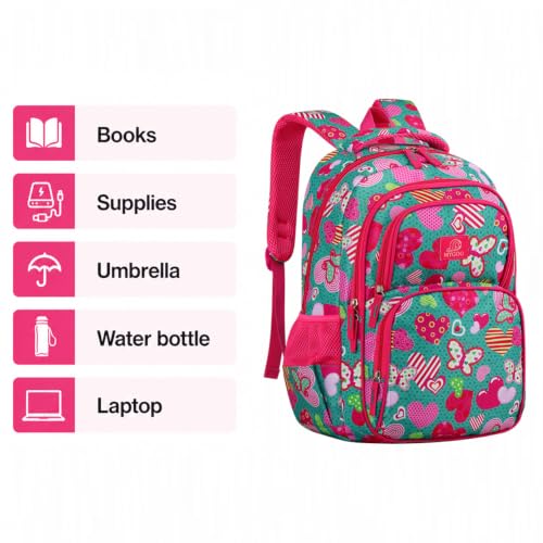 MYGOO Girls School Backpack Campus Butterfly Aqua Bookbag for Elementary Middle School Ages 5-12, 17 inch Large Capacity 24L Kids Student Travel Bags - color: Campus Butterfly Aqua