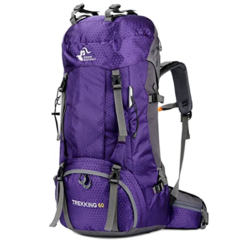 Bseash 60L Waterproof Hiking Camping Backpack with Rain Cover, Large Outdoor Sport Travel Daypack Rucksack for Climbing - color: Purple