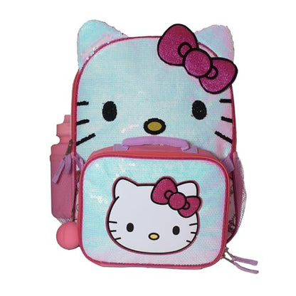 AI ACCESSORY INNOVATIONS Hello Kitty Girls 4 Piece Backpack Set, Iridescent Flip Sequin 16" School Bag with 3D Features, Front Zip Pocket, Pink & White - color: Pink Hk