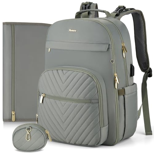 MOMUVO Diaper Bag Backpack, Quilted Baby Bag with Changing Pad & Stroller Straps & Pacifier Case, Multifunction Waterproof Travel Diaper Bags, Unisex, Olive Green - color: Olive Green