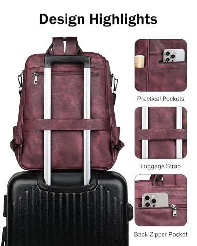 FADEON Laptop Backpack for Women Leather Travel Backpack with Laptop Compartment, Designer PU Shoulder Laptop Bag Red - color: Wine Red Retro Style