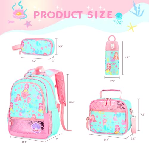 Kids Backpack for Girls 5-8, 4PCS Toddler Backpack with 13oz Kids Insulated Water Bottle, Lunch Box and Pencil Case, Girls Bookbag Schoolbag for Primary Kindergarten Elementary School - color: Green Mermaid