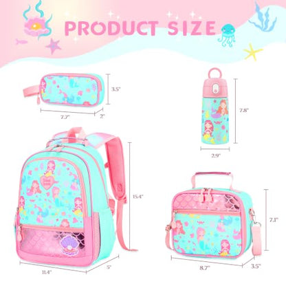 Kids Backpack for Girls 5-8, 4PCS Toddler Backpack with 13oz Kids Insulated Water Bottle, Lunch Box and Pencil Case, Girls Bookbag Schoolbag for Primary Kindergarten Elementary School - color: Green Mermaid