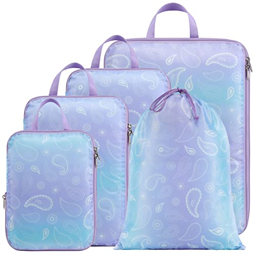 Cambond Compression Packing Cubes for Travel - Lightweight Expandable Travel Bags Luggage Organizers Travel Essentials Compression Cubes for Travel Space Saver for Carry on Suitcases Organizer - color: 05 Blue Purple Gradient, size: 5-Piece Set (Standard