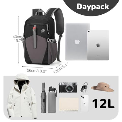 12L Hiking Backpack with Padded Straps for Kids, Waterproof Small Hiking Backpack with Chest Strap for Men, Mini Lightweight Kid Travel Backpacks Day Pack with Phone Pocket, Black - color: Gray