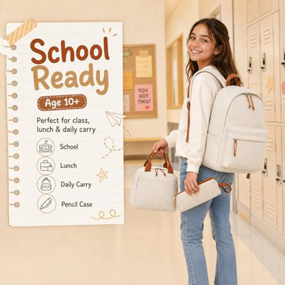 BTOOP School Backpacks for Teen Girls Bookbags Lightweight Kids Backpack School Bags Set with Lunch Box Pencil Case - color: Khaki White Stripe